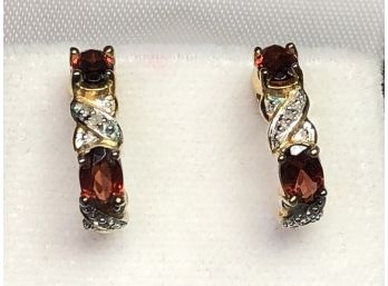 Pair Of Earrings In Sterling Silver With 14k Gold Overlay With Orange & White Topaz - Nice Vintage Pair