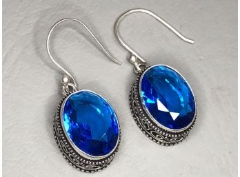 Fabulous Large Sterling Silver / 925 Earrings With Royal Blue Topaz - New / Unused - Great Gift Idea !