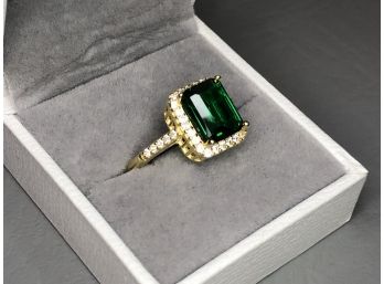 Fabulous Sterling Silver / 925 Ring With 14kt Gold Overlay With Russian Green Chrome Diopside & White Topaz