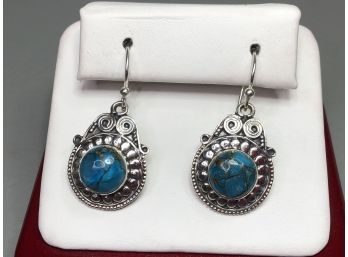 Beautiful Pair Of Sterling Silver / 925 Earrings With Odd Shade Of Blue Turquoise - Very Unusual - New !