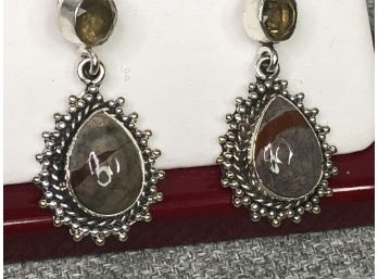 Stunning Sterling Silver / 925 Earrings With Calcite Gemstones & Citrine - Very Nice Pair - Great Gift Idea !