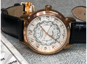 Incredible $495 STUHRLING - TRAVELER - World Time - Multi Time Zone Watch - Rose Gold Finish - Fantastic Watch