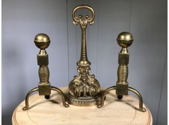 Fantastic Early Antique Brass Beehive Andirons Along With Lovely Brass Doorstop - Great Lot - All For One Bid