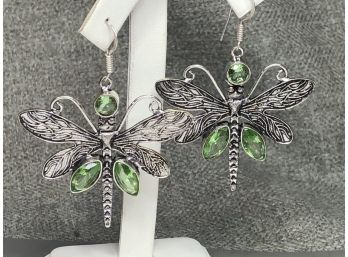 Amazing Sterling Silver / 925 Dragonfly Earrings - Great Details - Large Size With Pale Green Tourmalines