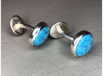 Fabulous Hand Made Sterling Silver / 925 Cufflinks With Blue Turquoise - Made In Mexico - Great Gift Idea !