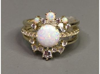 Lovely Sterling Silver / 925 THREE PART Ring With White Zircons & Fire Opal - Three Worn Together - NICE !