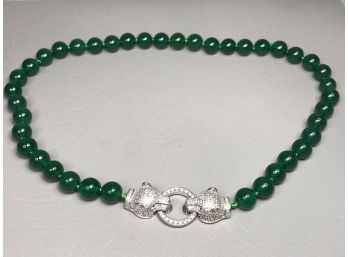 Amazing Sterling Silver / Jade Bead Necklace With Panther Heads - Cartier Style / Manner Of Cartier - WOW !