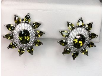 Fabulous Sterling Silver / 925 Earrings With Peridot & White Topaz - BEAUTIFUL - SPARKLING Pair - Very Nice !