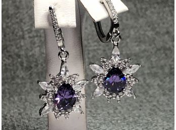 Stunning Sterling Silver / 925 & Amethyst Earrings With White Zircon Accent Stones - Amazing ! - New / Unworn
