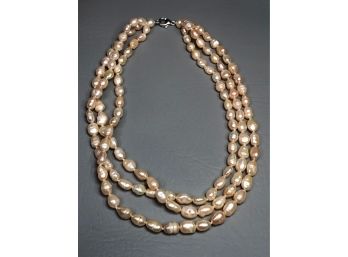 Fantastic Triple Strand Of Pinkish / Beige Genuine Freshwater Baroque Pearls - With Sterling Silver Clasp