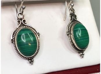 Fabulous Sterling Silver / 925 With Malachite Earrings - Very Pretty Pair - Very Well Made - Great Gift Idea