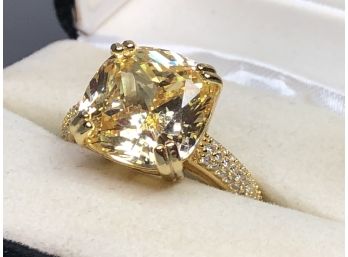 Fabulous Sterling Silver / 925 Ring With 14kt Gold Overlay With Large Citrine And Channel Set White Topaz