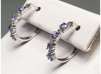 Very Pretty Pair Of Sterling Silver / 925 Hoop Earrings With Tanzanite - About The Size Of Dime - NICE !