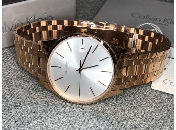 Beautiful $295 CALVIN KLEIN / CK Mens Watch In Rosegold - Silver Dial - Great Gift Idea - Swiss Made - Nice !
