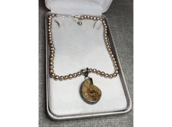 Fantastic Shell Fossil With Sterling Silver Pendant On Pearl Necklace With Sterling Silver Clasp & Chain