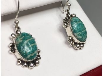 Fabulous Sterling Silver / 925 Earrings With African Amazonite - Great Color - Very Pretty Earrings - New !