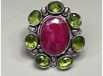 Lovely Christmas Ring - Sterling Silver / 925 With Peridot & Ruby Cocktail Ring - Fantastic Large Ring !