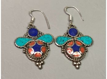 Fabulous Sterling Silver / 925 Earrings From Nepal - With Coral & Turquoise - Would Make Great Gift - Nice !