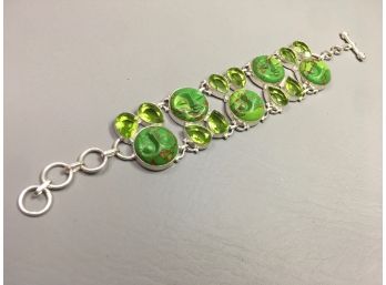 Fabulous Sterling Silver / 925 Bracelet With Carved Green Turquoise Heads  & Peridot - AMAZING PIECE !