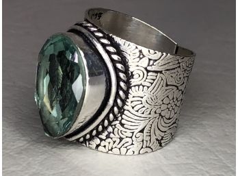 Fabulous Sterling Silver / 925 Green Tourmaline Ring With Lovely Hand Worked Silver - Very Unusual Ring