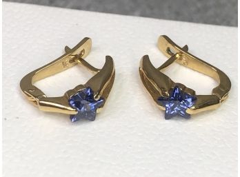 Fabulous Vintage 18K Yellow Gold & Tanzanite Earrings - Good Weight & Feel - 2.7 DWT Or 4.34 GRAMS OF 18KT