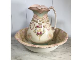 Beautiful Antique All Hand Painted Pitcher & Bowl - One Of The Nicest Ones I Have Seen - Great Colors