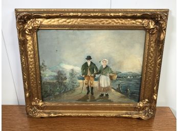 Fantastic Antique Oil On Board - 1821 Signed J. SKERRY Estate Fresh Painting Of Couple Walking By Water