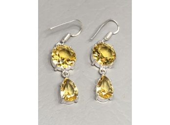 Beautiful Sterling Silver / 925 Earrings With Yellow Topaz - Very Pretty Pair - New / Unused - Great Gift !
