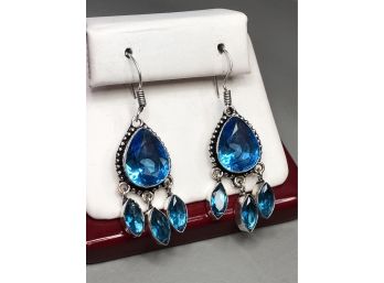 Fabulous Sterling Silver / 925 Earrings With Swiss Blue Gemstone Earrings - New / Unused - Great Gift !
