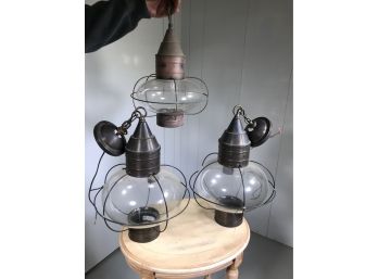 Three Vintage / Cape Cod Style Onion Light Fixtures - Glass Is All Good - One Appears To Be Vintage