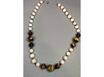 Stunning Genuine Pearls & Tiger Eye Bead Necklace - Beads Etched And Gold Inlaid - With Sterling Clasp
