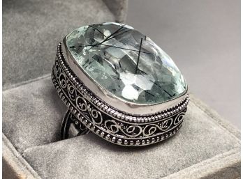 Fabulous Sterling Silver / 925 Large Cocktail Ring With Rutilated Quartz - NATURAL Stone - Beautiful !