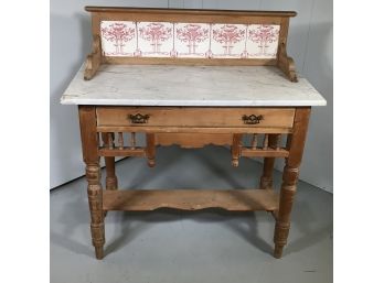 Fabulous Antique French Pine Bakers Table With Marble Top With Tile Back Splash - Awesome Old Piece