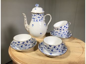 Incredible HEREND Rachael Blue Flowers Coffee Pot With Four Cups & Saucers - All In EXCELLENT Condition !