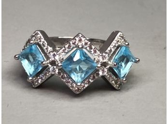 Wonderful Sterling Silver / 925 Ring With Three Aquamarines & White Topaz - Very Petty Ring - Great Gift !