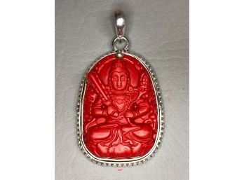Fabulous Sterling Silver/ 925 Pendant With Carved Faux Coral Deity - Beautiful Piece - All Hand Made - Wow !