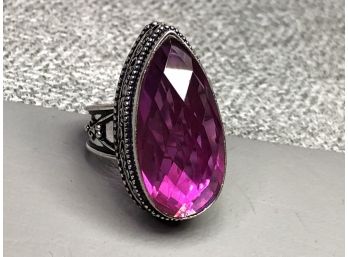 Lovely Sterling Silver / 925 Cocktail Ring With Fuchsia Tourmaline - Very Ornate Silver Work - VERY Pretty !
