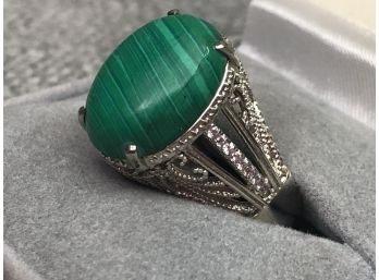 Wonderful Sterling Silver / 925 Ring With Beautiful Malachite - Hand Done Filigree Work - Very Nice Ring !