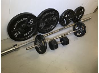 Awesome SPORT AUTHORITY Weight Set - Six (6) Plates - 2-45 Lbs / 2- 25 Lbs / 2-10 Lbs Plus Bars & Others