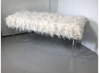 Fabulous White Flokati Style Furry Bench GREAT MODERN Look - With Lucite Legs - Awesome Piece !
