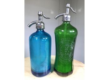 Two Incredible Antique Local Seltzer Bottles - NATIONAL SPRING - Stamford,CT - One Blue - One Green - WOW !