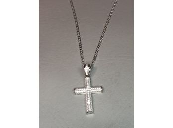 Very Nice Sterling Silver / 925 Cross Necklace With Beautiful 24' Necklace - Chain Made In Italy - Nice Gift