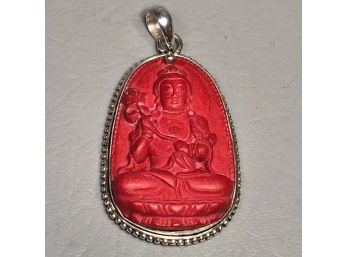 Wonderful Sterling Silver / 925 Pendant With Carved Faux Coral Diety In Sterling Silver Frame - New / Unused