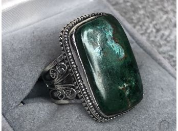 Fabulous Sterling Silver / 925 Cocktail Ring With Large Cuprite Chrysocolla - Very Ornate Setting - Nice !