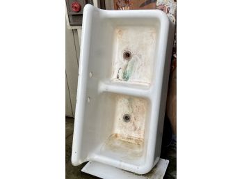 Vintage 1940s Double Basin Porcelain Over Cast Iron Farm House Sink - Very Heavy