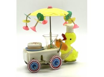 Vintage Chinese Made Clock Work - Tin Toy - Duck Pushing Cart Spring Wind Up