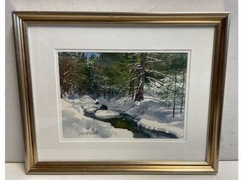 Gorgeous Watercolor Brook In The   Snow  Scene By  Jean McQuillan  Vermont