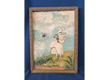 Agnes Hannon 1929 Painting (Illustration?) Of A Young Lady With Packages And A Fly Away Bonnet