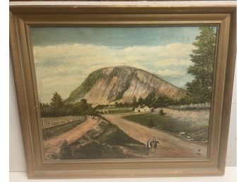 Antique Primitive  Oil Painting On Board Of West Rock . New Haven Ct . Artist Unknown Signed