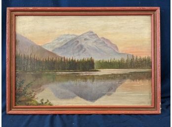 Victorian Oil On Board Painting Of A Mountain Lake Landscape